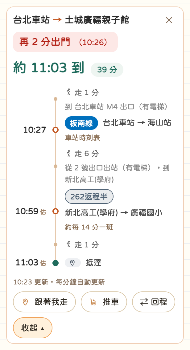 展開的時間軸:幾點搭板南線、幾點搭公車、幾點抵達