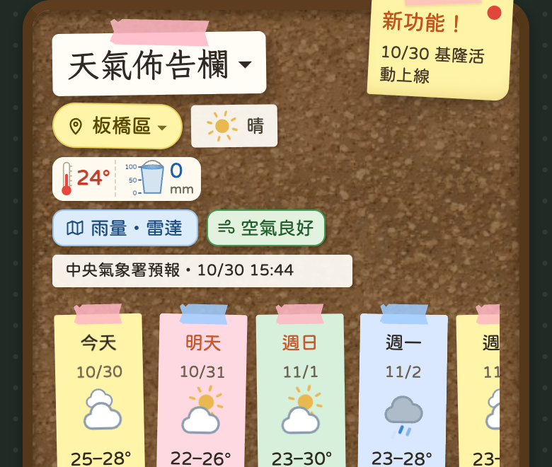 天氣佈告欄標題，旁邊有向下的小箭頭
