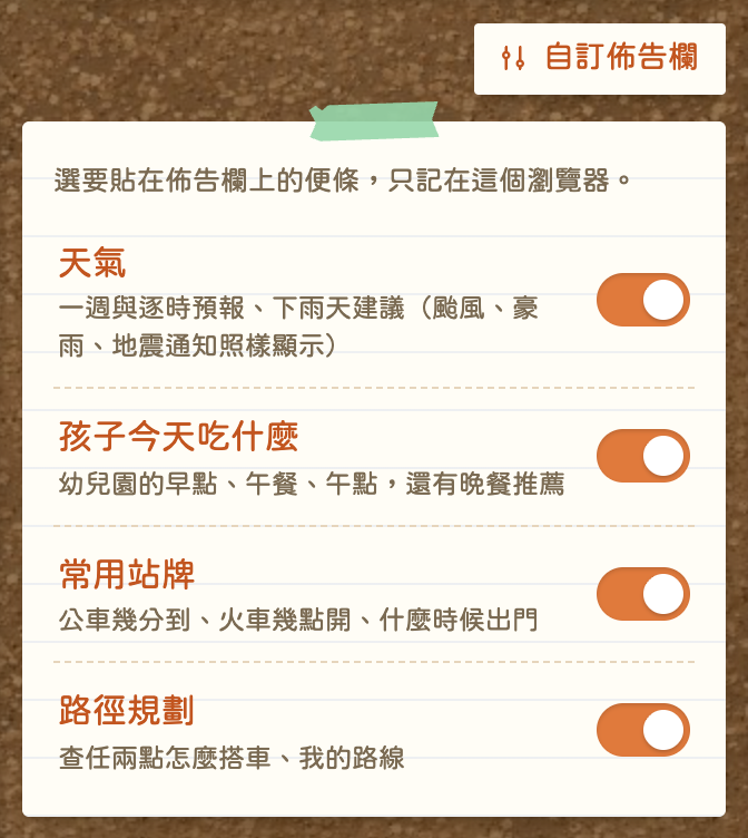 自訂佈告欄：天氣、孩子今天吃什麼、常用站牌、路徑規劃各有一個開關